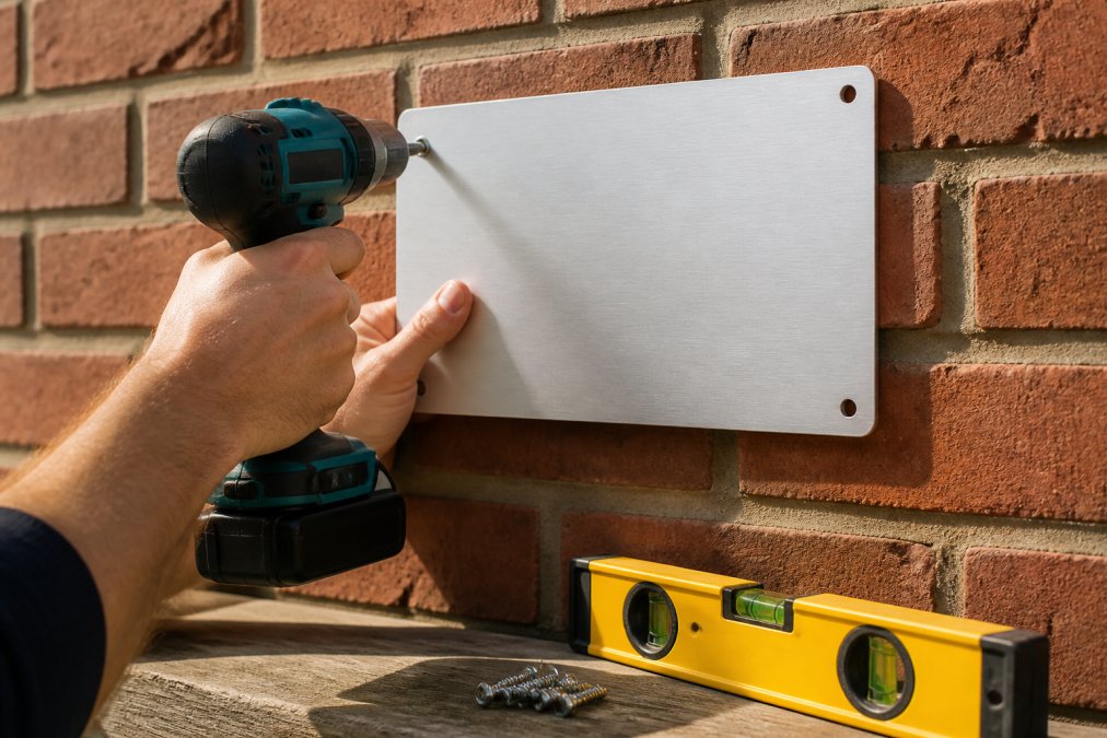 Hands using a drill to mount durable outdoor sign material onto a red brick wall with a spirit level nearby.