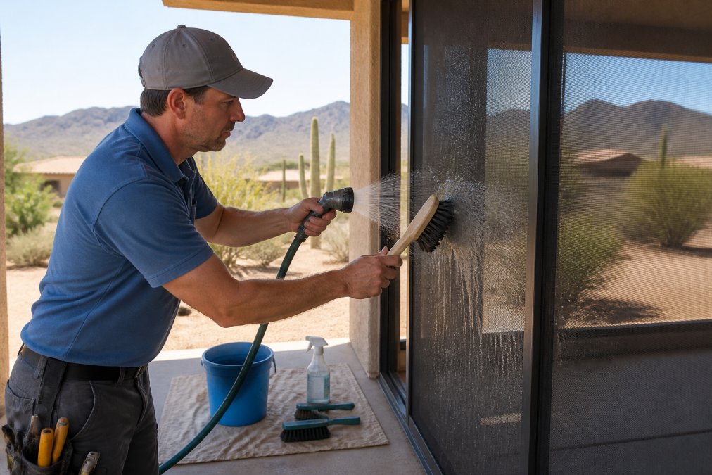 Homeowner carefully cleaning a patio screen with a soft brush and gentle water spray, removing accumulated dust and debris in a desert landscape with mountains visible in background