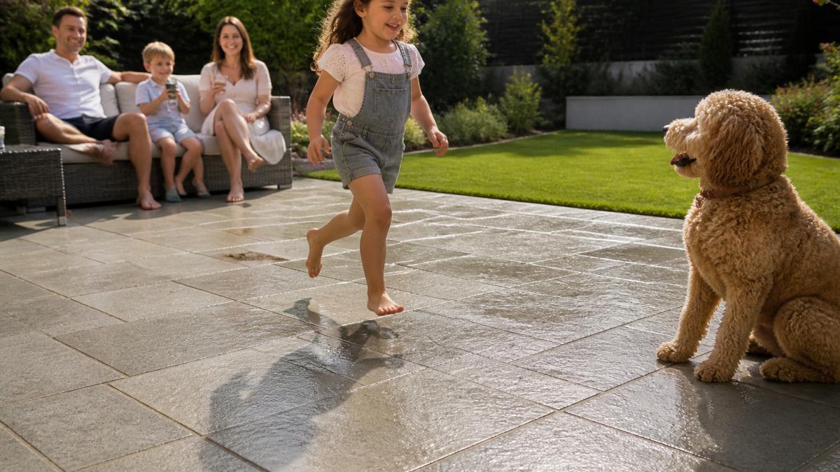 Family running on textured, durable paving for family gardens while a dog sits nearby on a sunny day