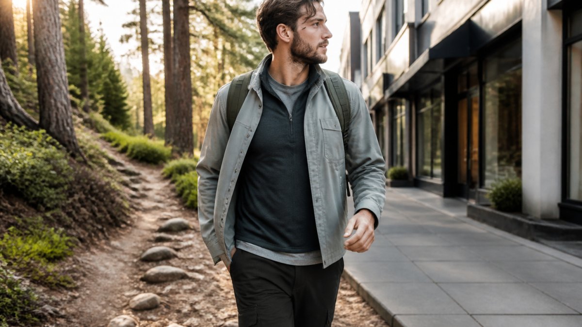 Active person wearing layered performance apparel, moisture-wicking base layer, lightweight technical mid-layer, and breathable overshirt, transitioning from a mountain trail with trees in soft morning light to an urban street setting with modern storefronts, showing practical outfit combinations