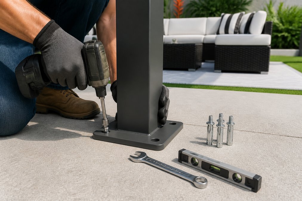 Close-up of a worker's gloved hands driving heavy-duty expansion bolts through the steel base plate of an aluminum pergola post into a concrete patio surface, with a wrench and level resting on the patio nearby