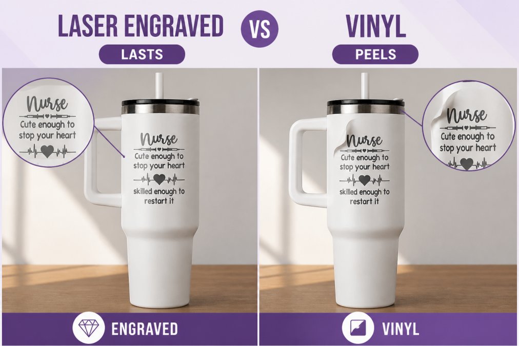 Close-up of two stainless steel tumblers side by side on a wooden table, one showing a crisp laser-engraved design with clean, sharp lines and one with a visibly lifting vinyl decal edge curling away from the surface, natural daylight from the side
