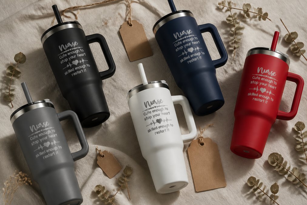 Flat lay of several matte-finish personalized stainless steel tumblers in white, black, navy, red, and gray arranged on a light linen surface with small kraft paper gift tags and dried eucalyptus sprigs, warm soft side lighting