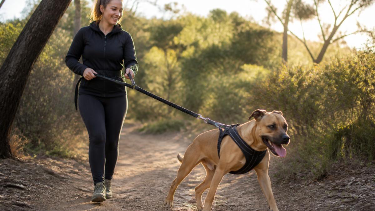 Active dog pulling forward during a morning trail walk wearing a padded no-pull harness, handler maintaining relaxed posture with shock-absorbing lead on a natural bushland path