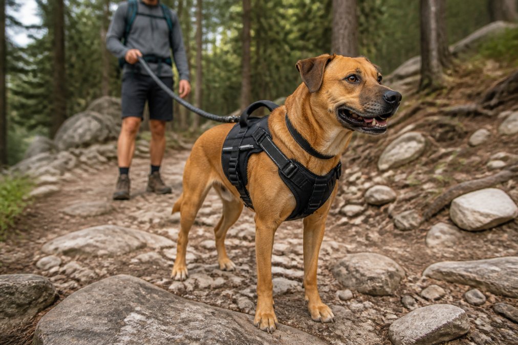 A medium-sized dog wearing a sturdy padded harness standing on a rocky hiking trail, with a person holding the leash in the background, natural daylight, forest setting