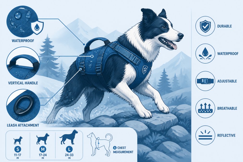 Active dog wearing a waterproof harness during outdoor hiking on a rocky trail, showing secure fit and functional design in action