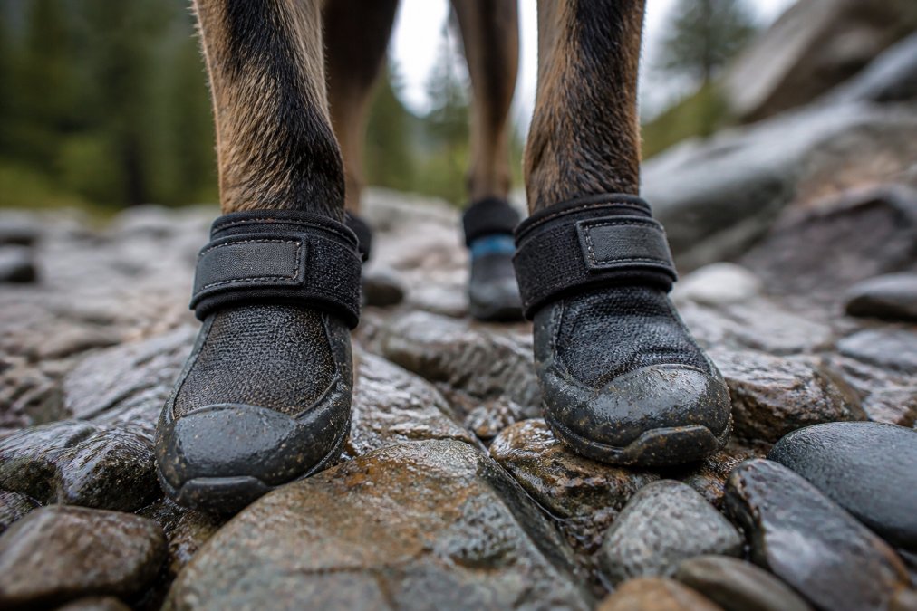 Close-up of dog's paws wearing waterproof boots on rough, rocky ground, demonstrating traction and protection during trail activity