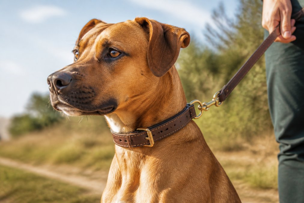 Dog wearing quality leather collar during outdoor walk in natural daylight, showing texture and fit of collar on dog's neck