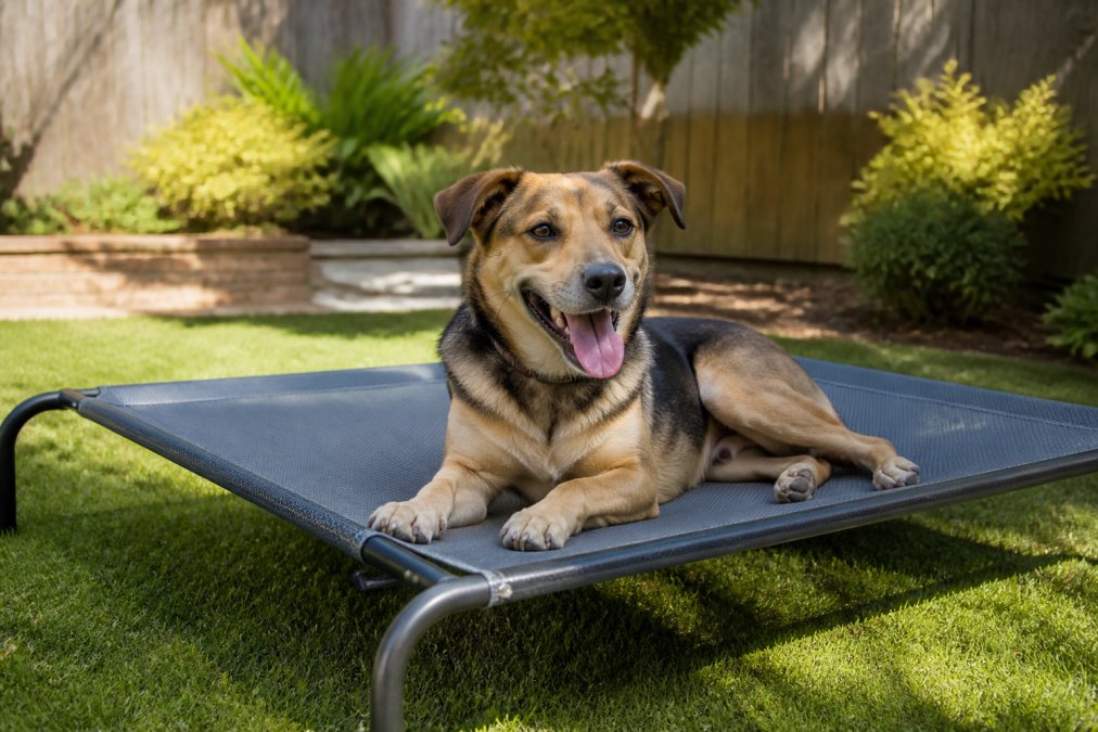 A happy medium-sized dog resting on a durable, elevated outdoor bed in a sunny backyard, with the chew-resistant fabric and raised mesh surface clearly visible