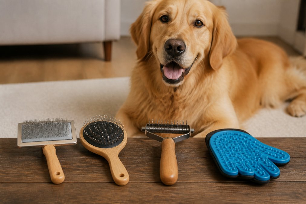 Collection of grooming brushes displayed on a white surface including slicker brush, pin brush, undercoat rake, and rubber mitt next to a golden retriever's head in profile