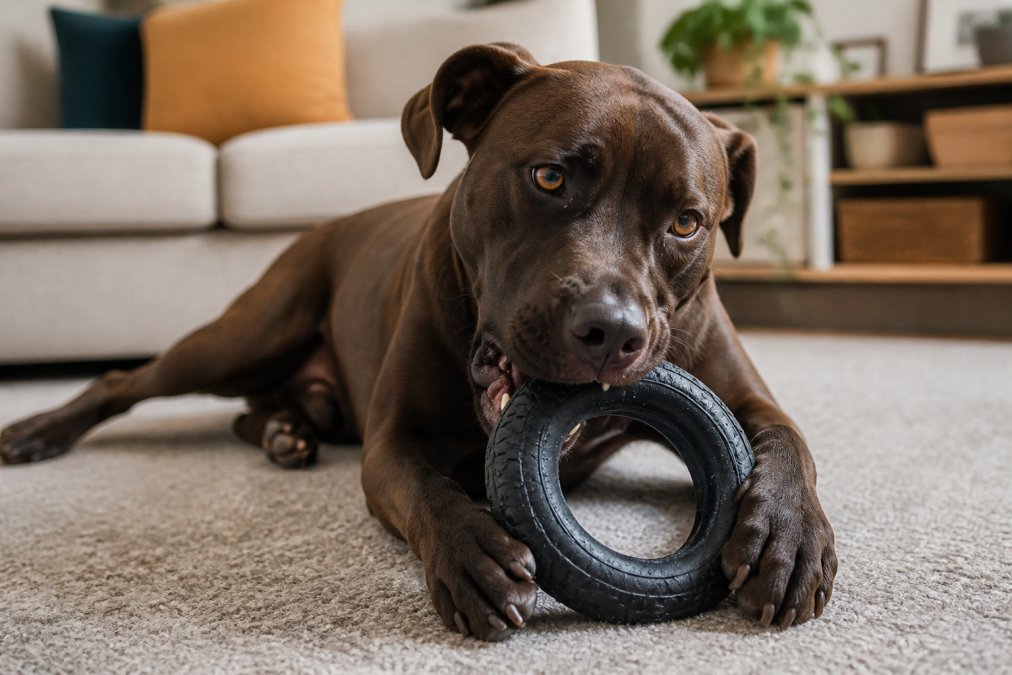A large dog with focused expression actively chewing on a durable rubber ring toy in a bright living room, the toy showing no visible damage despite extended use
