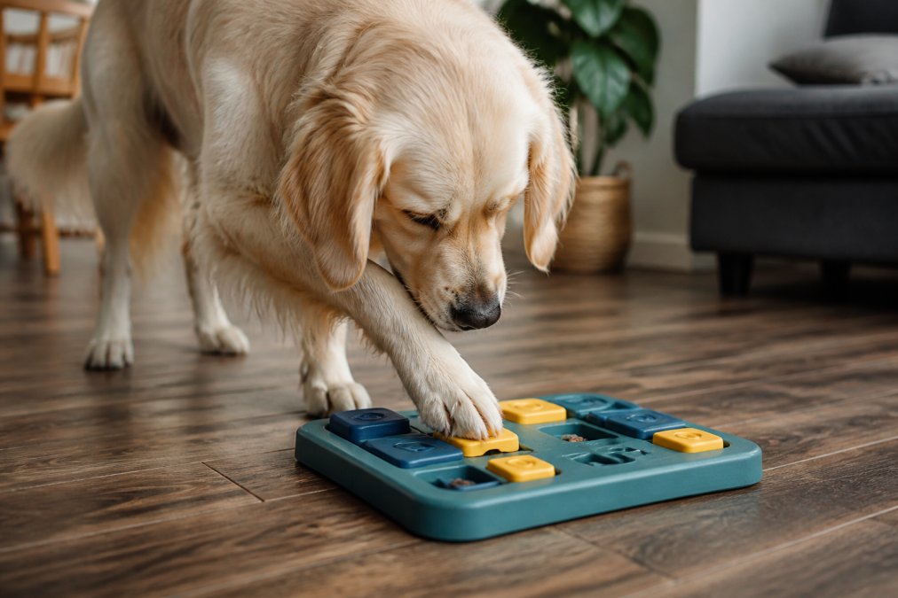 A focused dog working through an interactive puzzle toy with visible treat compartments and sliding blocks, showing engaged concentration and problem-solving behavior in a home setting