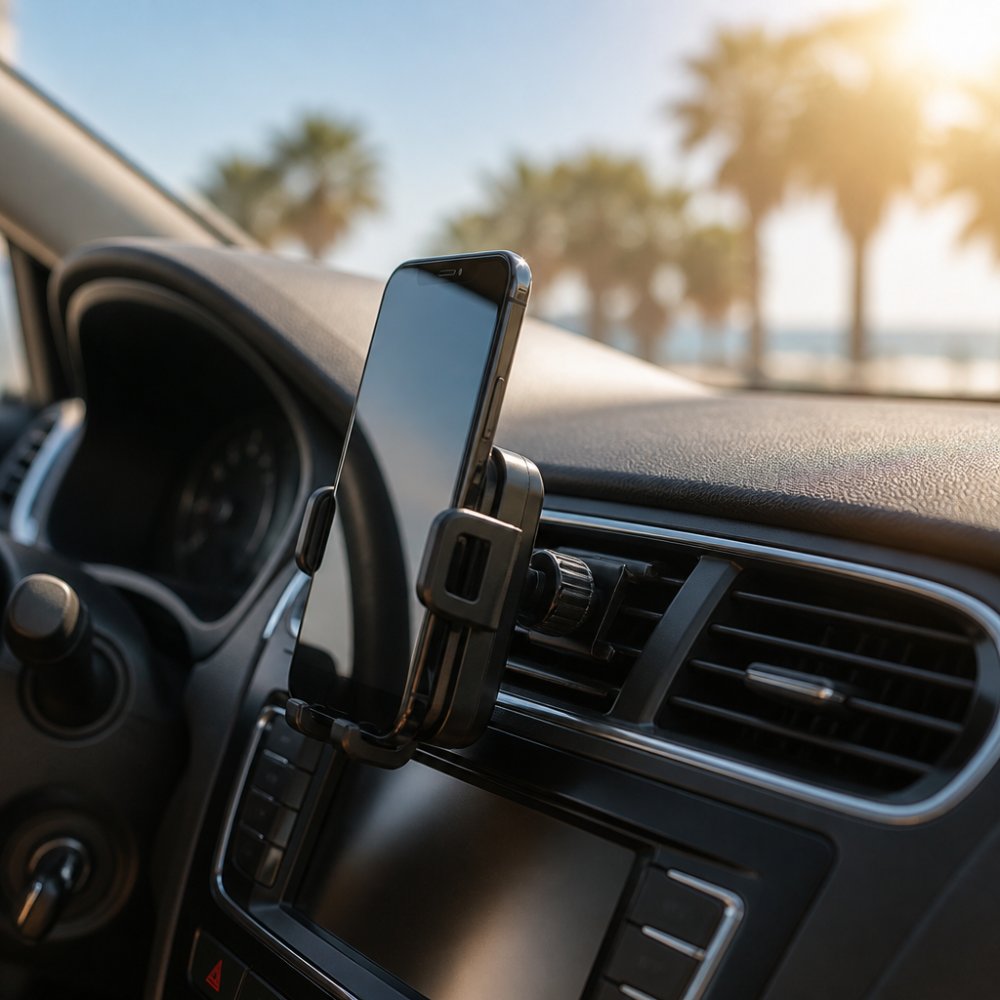 Close-up photo of a car dashboard on a sunny day showing a phone mounted near a center air vent, with sunlight streaming through the windshield and the vent clearly visible