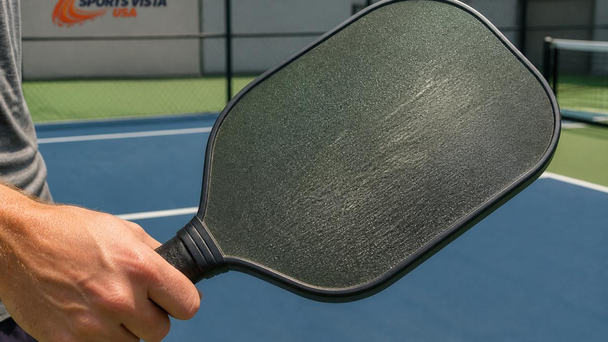 Close-up of a player's hand holding a pickleball paddle, showing the textured surface of the face in natural light with visible wear patterns on the paddle face