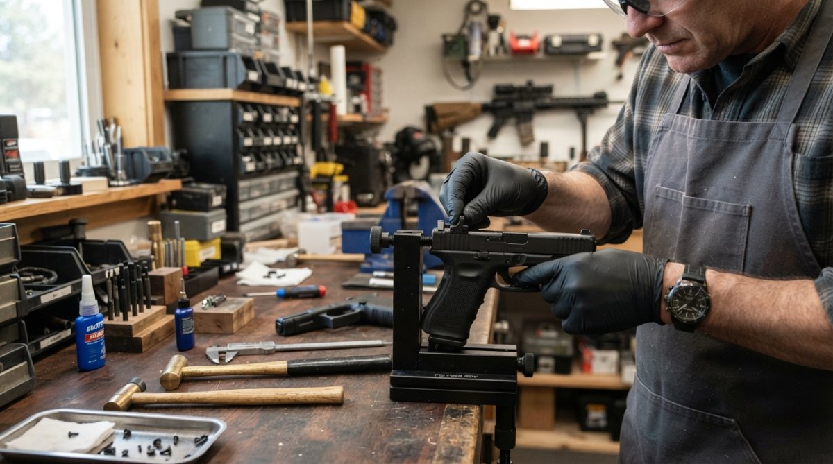 Gunsmith's hands installing pistol night sight using precision sight pusher tool on workbench with organized tools and proper lighting