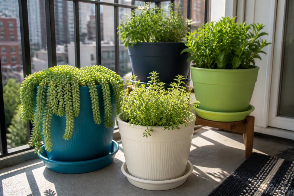 Modern apartment balcony with multiple colorful polypropylene planters arranged with trailing succulents and green herbs, showing protective saucers catching water in natural afternoon sunlight