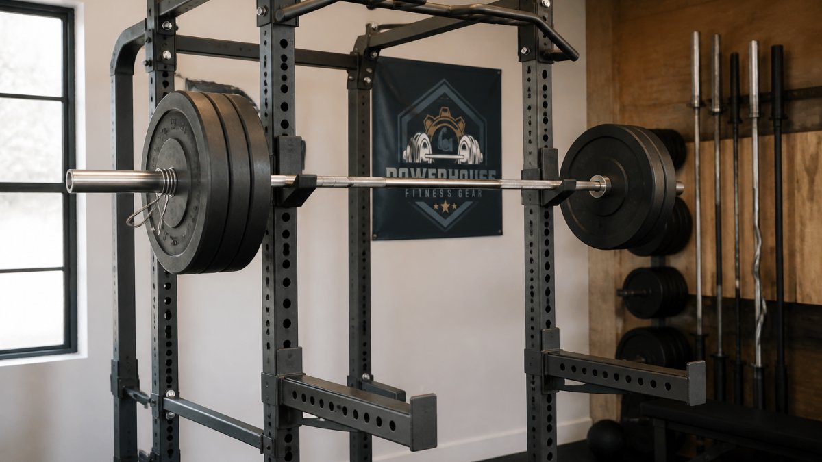 Infographic showing essential attachments for durable power racks including j-cups, safety spotter arms, and pull-up bars.