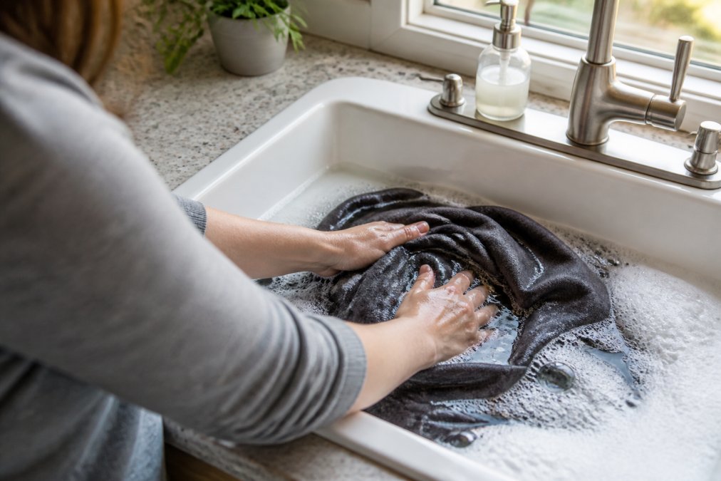 Person carefully washing a custom printed sweatshirt in a sink with cool water and mild detergent, showing proper hand-washing technique with gentle rubbing motions, natural daylight from window