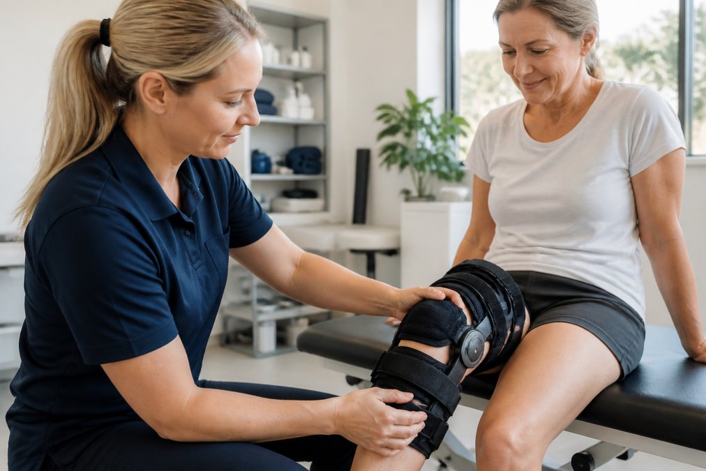 Physiotherapist fitting a hinged knee brace on a patient in a clinic, representing the best knee braces Australia offers.