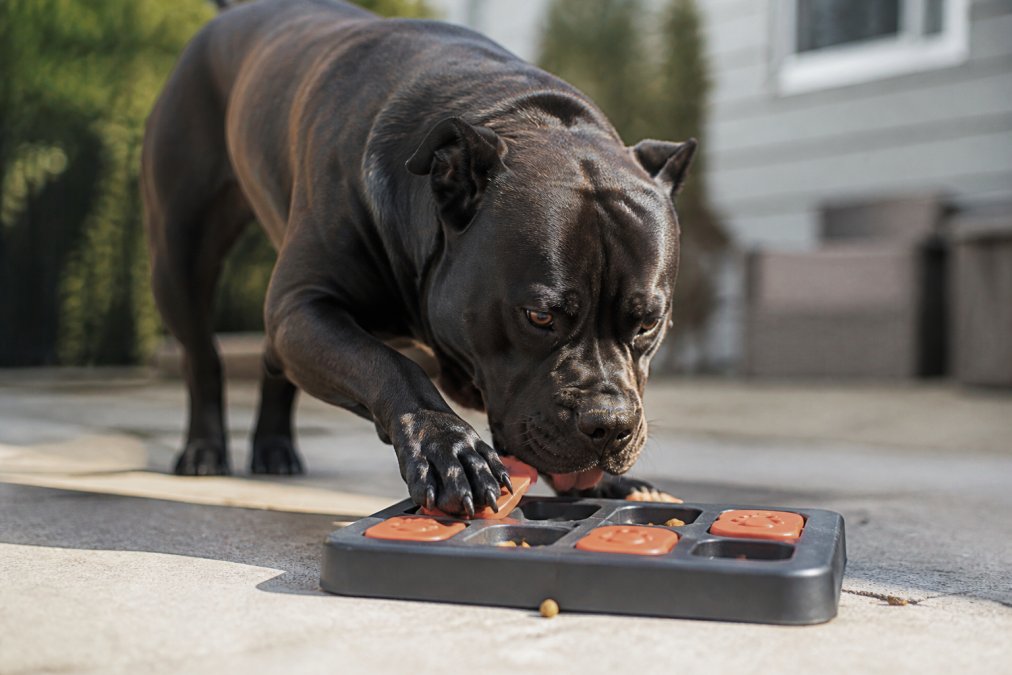 A large muscular dog with focused intensity actively playing with a durable puzzle toy, extracting treats while showing engagement, in natural outdoor lighting