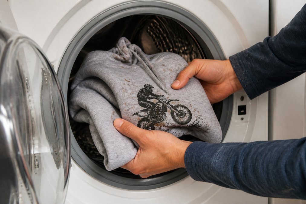 Close-up of hands loading a motocross-themed hoodie into a washing machine with proper care, showing gentle handling and preparation of the garment