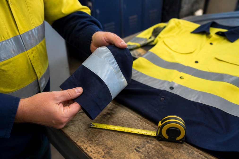 Hands inspecting reflective sleeve tape beside a tape measure showing 5cm width on a high-visibility work shirt