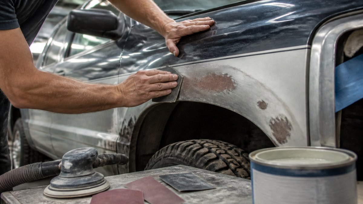 Technician sanding a truck fender to ensure a durable repair on rust