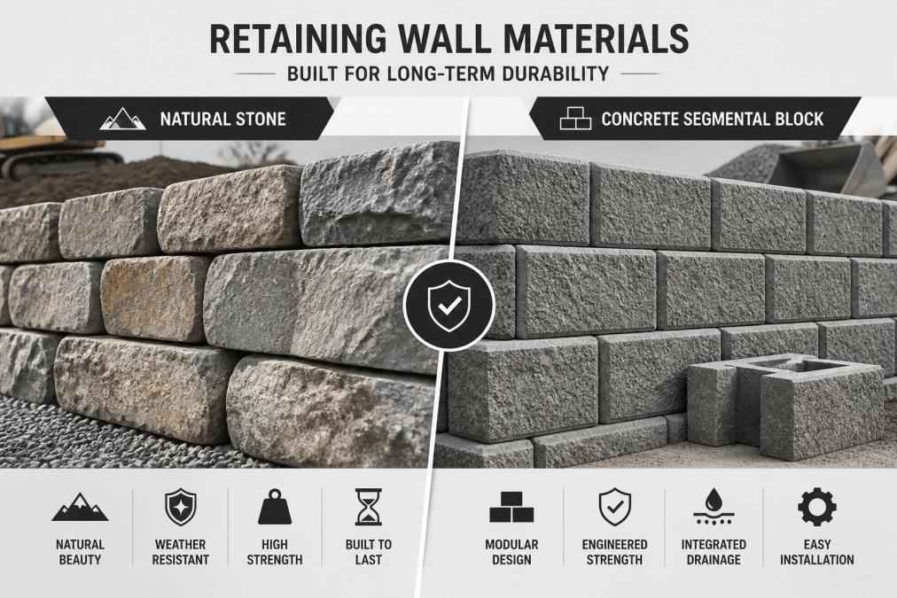 Close-up of natural stone blocks and concrete segmental retaining wall blocks stacked together, showing varied textures, weathered surfaces, and professional craftsmanship on a construction site