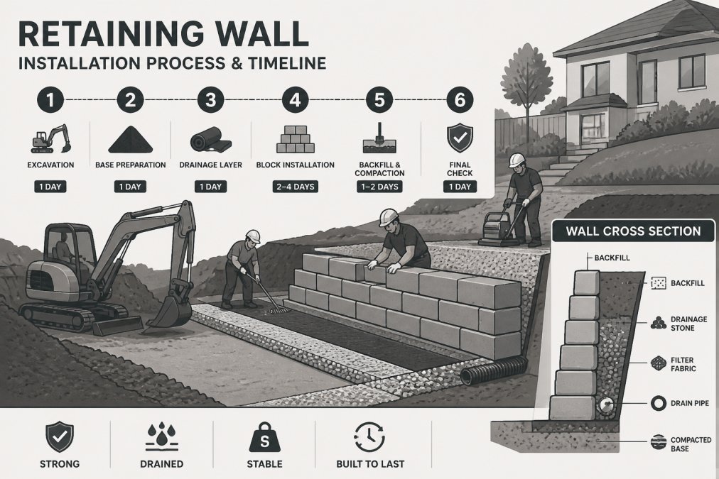 Construction crew actively installing a retaining wall on a residential property, showing excavation equipment preparing the foundation, workers positioning concrete blocks, and proper base preparation visible in the foreground on a sunny day