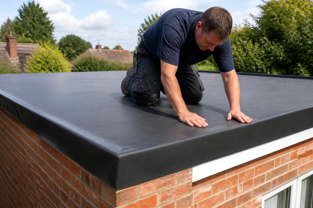 A roofer carefully smoothing down a seamless black EPDM rubber membrane on a flat roof extension, with clean brick parapet walls visible below and bright daylight overhead