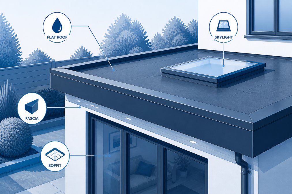 Close-up of a well-maintained flat roof on a modern home extension showing clean edges, a skylight, and neat fascias and soffits against a tidy residential garden in soft afternoon light