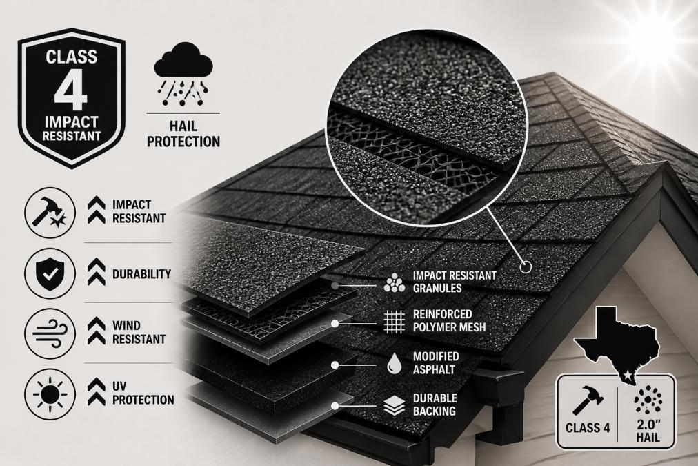 Close-up of Class 4 impact-resistant shingles showing reinforced, textured surface with visible durability features under bright Texas sunlight on residential roof installation