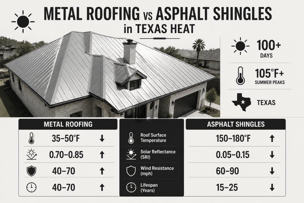 Aerial view of residential roof in bright Texas afternoon sunlight showing standing seam metal roofing installation with reflective silver surface and visible seam details