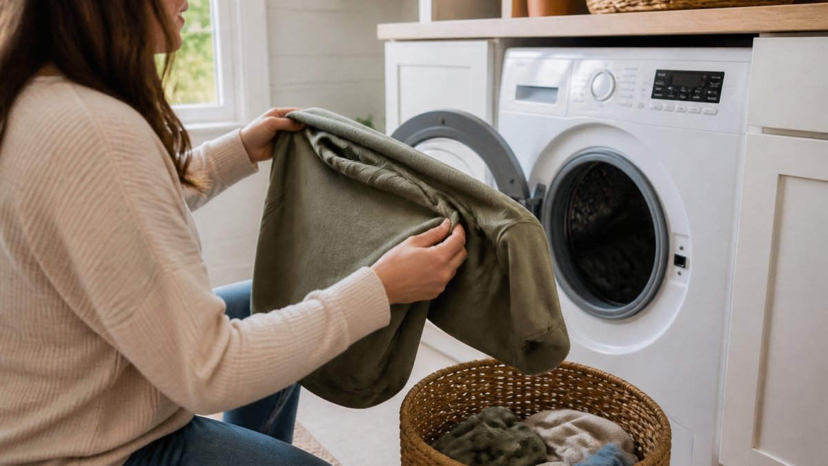 A person turning a screen-printed outdoor shirt inside out before placing it into a front-loading washing machine in a bright laundry room