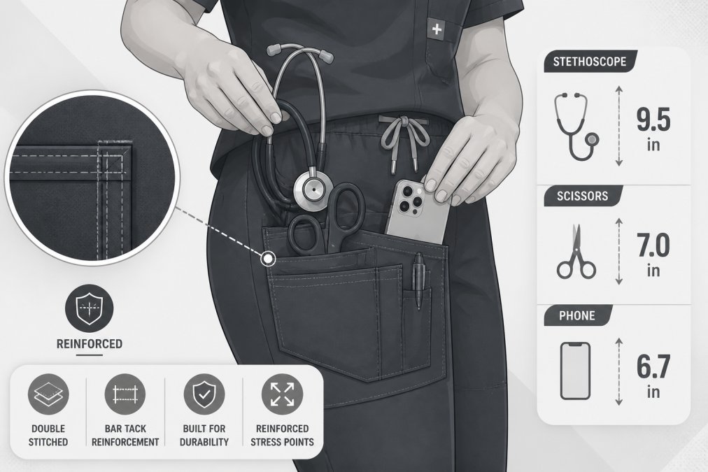 Professional illustration showing durable scrubs