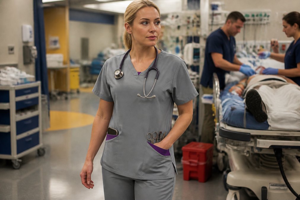 Emergency medicine professional in scrubs with stethoscope draped around neck, scissors and multiple tools visible in reinforced utility pockets, phone in pocket, standing in active clinical trauma bay setting with equipment visible in background
