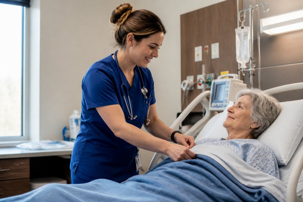 Nursing student in professional durable scrubs performing clinical duties during a hospital shift, demonstrating fit and movement during active patient care