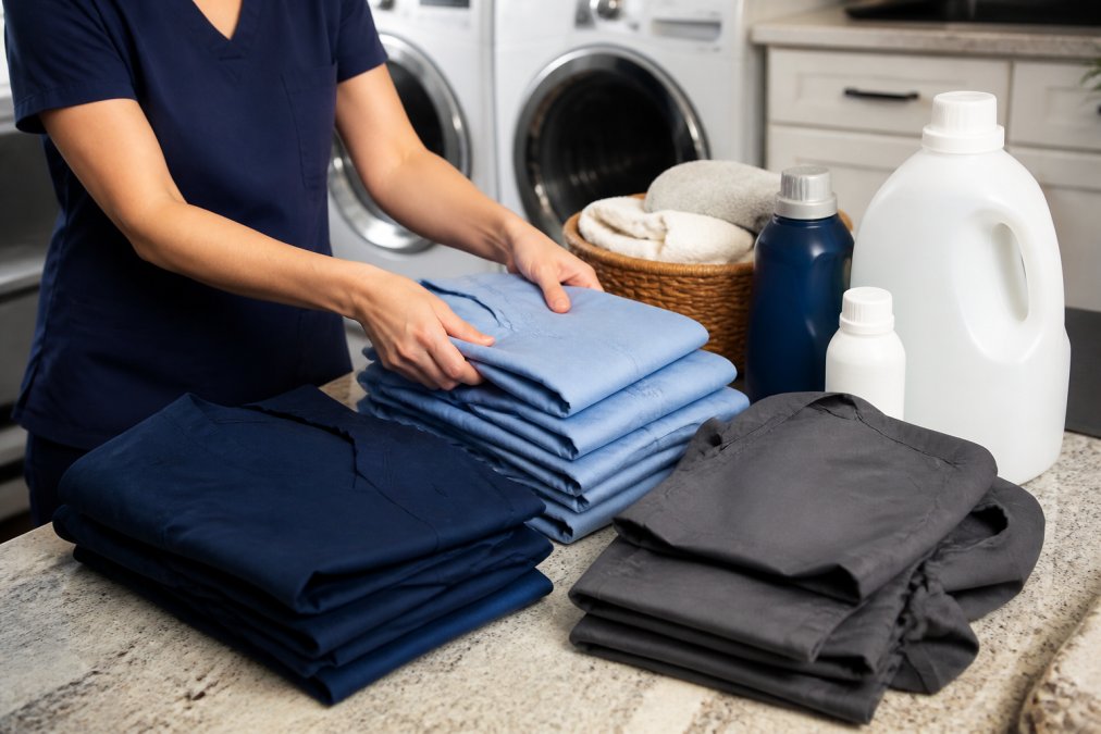 Close-up of hands sorting scrubs by color before washing, with detergent and fabric care products visible on a laundry room counter