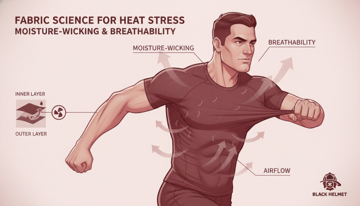 Close-up of firefighter wearing moisture-wicking base layer shirt during active duty, showing fabric texture and fit during movement