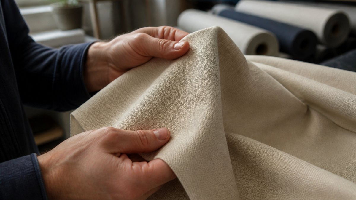 Close-up of heavyweight cotton fabric being held and examined, showing tight weave texture and durability under natural light in a textile studio