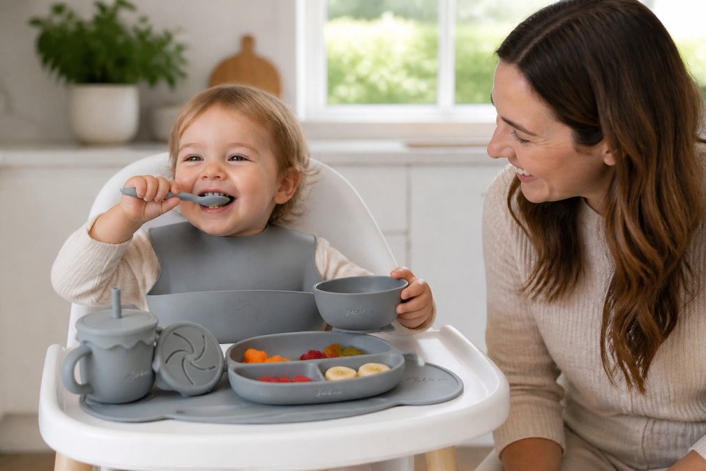 Toddler happily self-feeding with a colourful silicone plate and utensils at a highchair, parent smiling nearby, bright kitchen with natural light, suction plate staying firmly in place