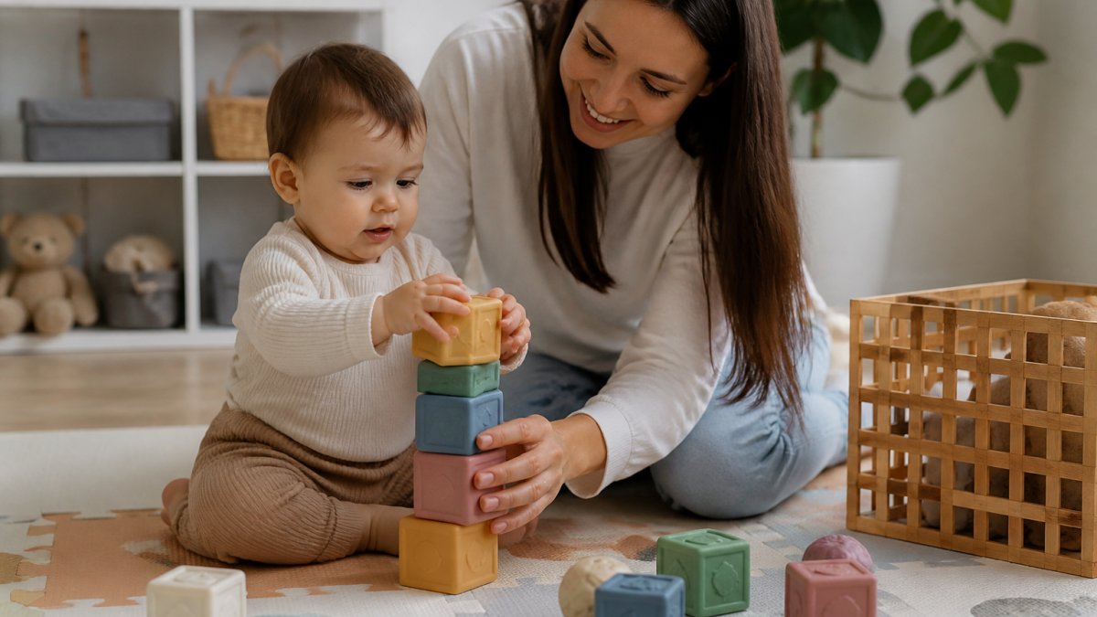 A toddler sitting on a play mat stacking soft silicone blocks, with a parent nearby smiling and helping guide the pieces into place