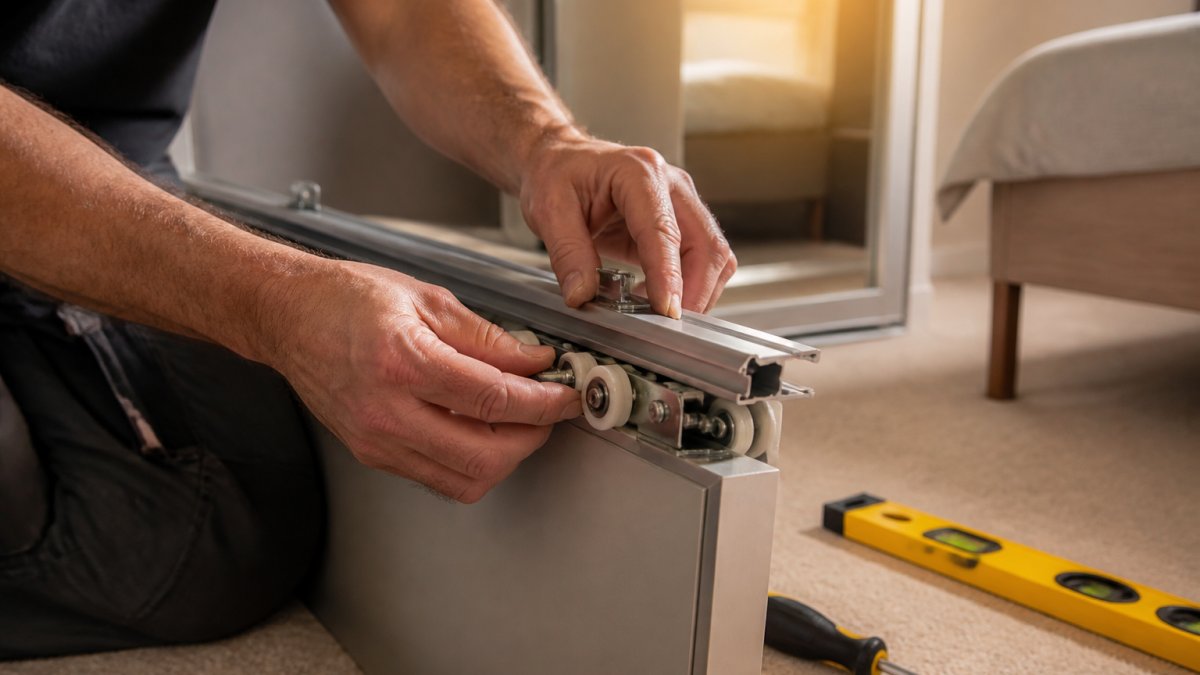 Close-up of a joiner's hands fitting an aluminium top track and roller carriage onto a sliding wardrobe door in a bright bedroom, with a level and screwdriver resting on the carpet nearby