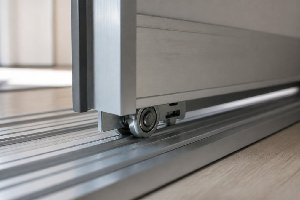 Close-up of aluminium sliding door track profile showing smooth surface and roller bearing mechanism in operation, with natural light highlighting the metal finish
