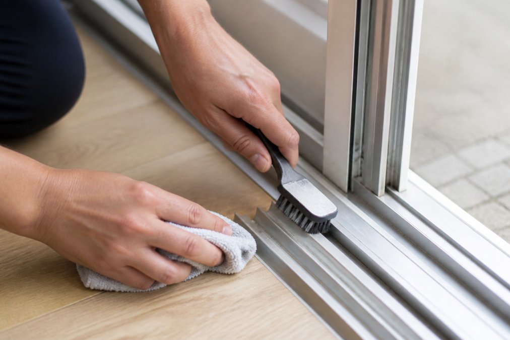 Hands cleaning a sliding door track with a soft brush and cloth, showing proper maintenance technique on an aluminium profile