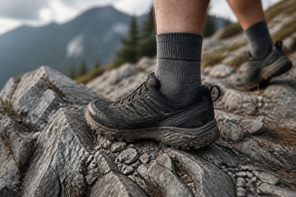 Close-up of a runner's foot on rocky, uneven mountain terrain with visible debris and jagged rocks, showing athletic sock durability in action with detailed weave visible