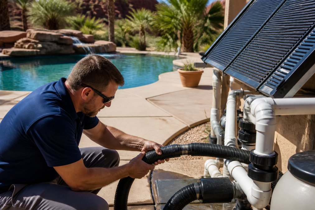 A technician in a dark polo shirt connecting flexible solar pool heating panel tubing to a pool's existing PVC plumbing system on a sunny afternoon, with a clear blue saltwater pool and desert landscaping visible in the background
