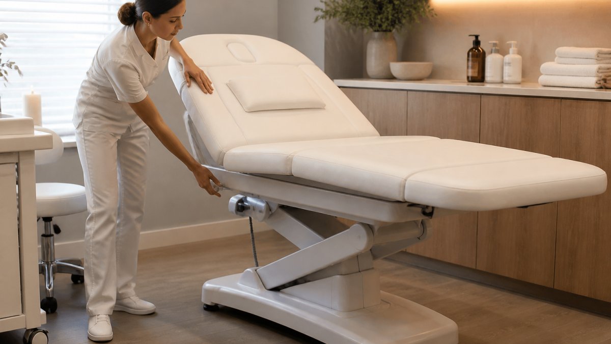 Diagram illustrating the key features and adjustment points of a motorized aesthetic treatment table