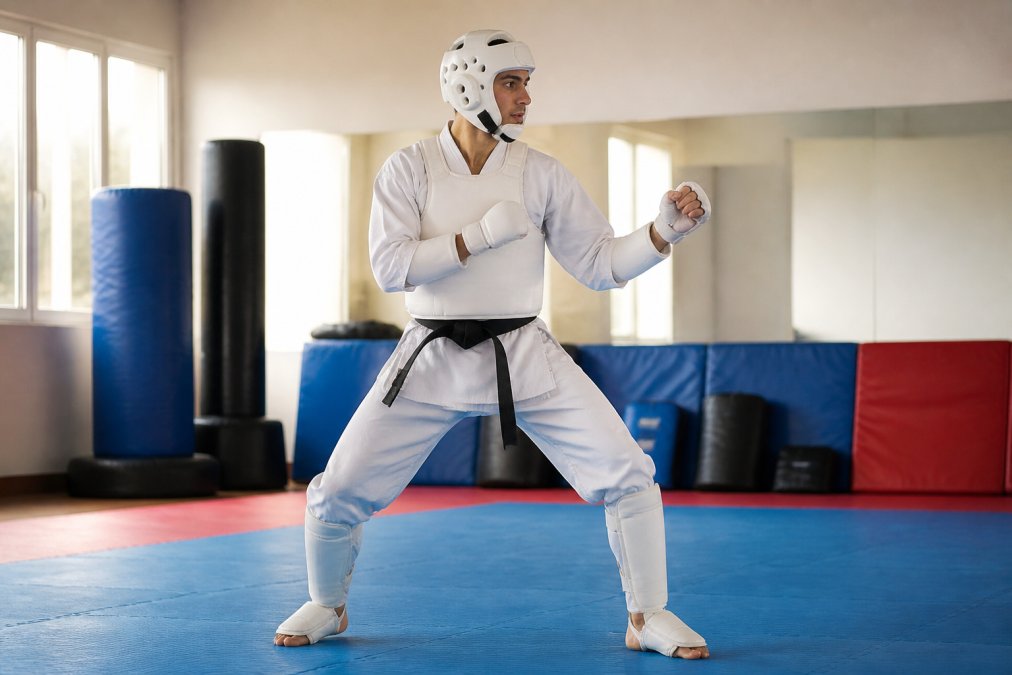Martial artist in full protective sparring gear demonstrating proper stance and fit during competitive karate training session in modern dojo with natural lighting