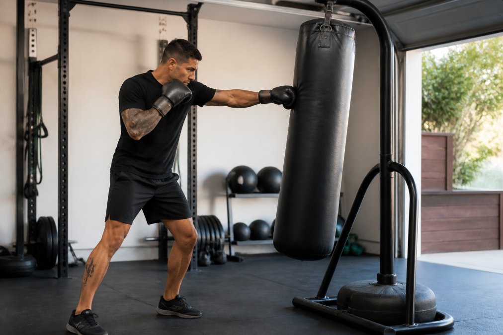 Person in home garage gym striking a heavy bag mounted on a stand, showing proper striking form with the bag remaining stable during impact